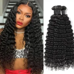 Deep Wave Bundles Human Hair 3 Bundles 16 18 20 Inch 10A Brazilian 100% Unprocessed Virgin Human Hair Wet and Wavy Bundles Deep Curly Weave Human Hair Extensions Natural Black