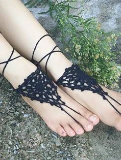 Delicate Crochet Barefoot Sandals with Adjustable Ankle Strap - Ideal for Beach Weddings