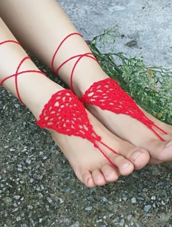 Delicate Crochet Barefoot Sandals with Adjustable Ankle Strap - Ideal for Beach Weddings