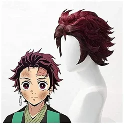 Demon Slayer: Kimetsu no Yaiba Tanjiro Kamado Short Chestnut Brown Heat Resistant Hair Cosplay Wig + A Pair Of Ear-Rings,Just Wig (Color : Just Wig) Halloween Wigs