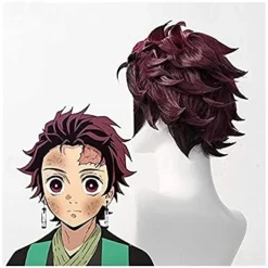 Demon Slayer: Kimetsu no Yaiba Tanjiro Kamado Short Chestnut Brown Heat Resistant Hair Cosplay Wig + A Pair Of Ear-Rings,Just Wig (Color : Just Wig) Halloween Wigs