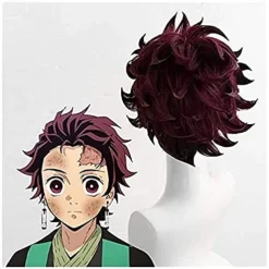 Demon Slayer: Kimetsu no Yaiba Tanjiro Kamado Short Chestnut Brown Heat Resistant Hair Cosplay Wig + A Pair Of Ear-Rings,Just Wig (Color : Just Wig) Halloween Wigs