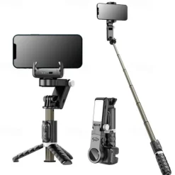 Desktop Gimbal Selfie Stick Tripod Stabilizer with Light Remote Following Foldable for Smartphone iPhone 13 Xiaomi for Video Q18