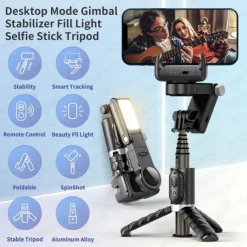 Desktop Gimbal Selfie Stick Tripod Stabilizer with Light Remote Following Foldable for Smartphone iPhone 13 Xiaomi for Video Q18