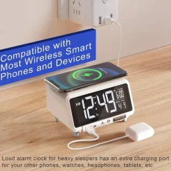 Digital Alarm Clock Wireless Charging for Smartphones with Bluetooth Speaker Alarms USB Charging Port Dimmer Nightlight for Bedroom