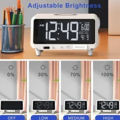Digital Alarm Clock Wireless Charging for Smartphones with Bluetooth Speaker Alarms USB Charging Port Dimmer Nightlight for Bedroom