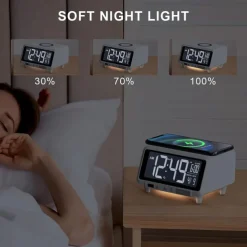 Digital Alarm Clock Wireless Charging for Smartphones with Bluetooth Speaker Alarms USB Charging Port Dimmer Nightlight for Bedroom