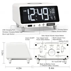Digital Alarm Clock Wireless Charging for Smartphones with Bluetooth Speaker Alarms USB Charging Port Dimmer Nightlight for Bedroom