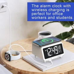 Digital Alarm Clock Wireless Charging for Smartphones with Bluetooth Speaker Alarms USB Charging Port Dimmer Nightlight for Bedroom