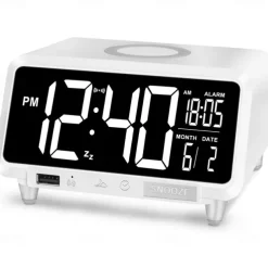 Digital Alarm Clock Wireless Charging for Smartphones with Bluetooth Speaker Alarms USB Charging Port Dimmer Nightlight for Bedroom