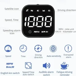 Digital GPS Speedometer Car HUD Heads Up Display with Digital Speed in MPH KPH Compass Driving Direction Fatigue Driving Reminder Overspeed Alarm Trip Meter