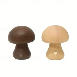 Dimmable LED Mushroom Table Lamp Touch Wooden Office Lamp USB Rechargeable Night Light Bedroom Home Cafe Office Decoration Birthday Gift