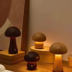 Dimmable LED Mushroom Table Lamp Touch Wooden Office Lamp USB Rechargeable Night Light Bedroom Home Cafe Office Decoration Birthday Gift