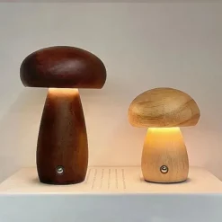 Dimmable LED Mushroom Table Lamp Touch Wooden Office Lamp USB Rechargeable Night Light Bedroom Home Cafe Office Decoration Birthday Gift
