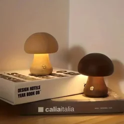 Dimmable LED Mushroom Table Lamp Touch Wooden Office Lamp USB Rechargeable Night Light Bedroom Home Cafe Office Decoration Birthday Gift