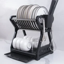 Dish Drainer Dish Drying Rack Kitchen Storage Double Layer Dish Drainer Shelf Knife Fork Container Household Holder with Sink
