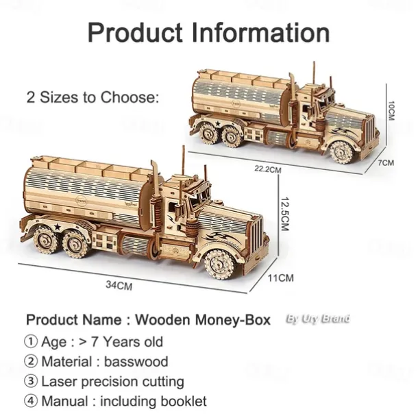 DIY 3D Wooden Puzzles Money Box Piggy Bank Fuel Truck Model Building Block Kits Assembly Jigsaw Toy Gift for Children Adult
