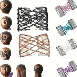 Double Hair Comb For Women, Hair Combs With Elastic Beaded Rope Flexible Hair Comb Magic Stretchy Hair Clip For Women Girls Hair Accessory