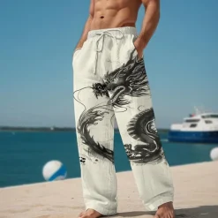Dragon Abstract Men's 3D Printed Casual Pants Trousers Elastic Waist Drawstring Loose Fit Straight-Leg Summer Beach Pants S TO 3XL