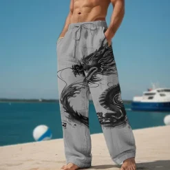 Dragon Abstract Men's 3D Printed Casual Pants Trousers Elastic Waist Drawstring Loose Fit Straight-Leg Summer Beach Pants S TO 3XL