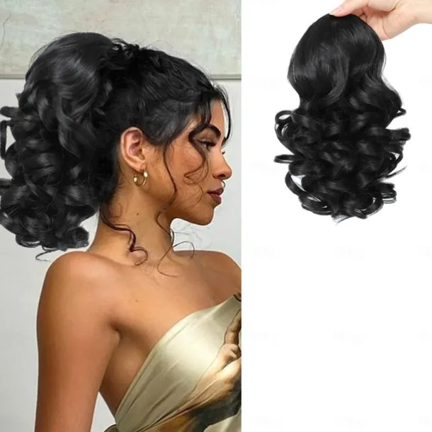 Drawstring Ponytail for Women 10 Inch Wavy Curly Ponytail Extension Natural Looking Synthetic Fake Ponytail Hairpiece Wavy Drawstring Ponytails for Daily Use