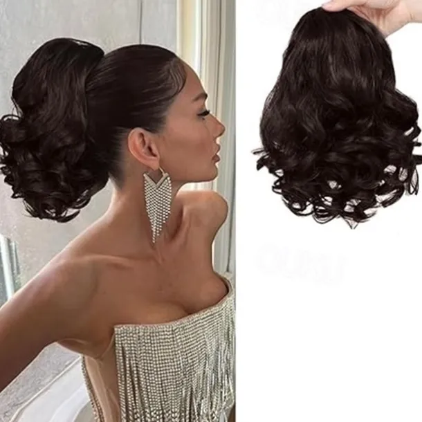 Drawstring Ponytail for Women 10 Inch Wavy Curly Ponytail Extension Natural Looking Synthetic Fake Ponytail Hairpiece Wavy Drawstring Ponytails for Daily Use