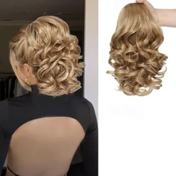 Drawstring Ponytail for Women 10 Inch Wavy Curly Ponytail Extension Natural Looking Synthetic Fake Ponytail Hairpiece Wavy Drawstring Ponytails for Daily Use