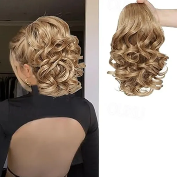 Drawstring Ponytail for Women 10 Inch Wavy Curly Ponytail Extension Natural Looking Synthetic Fake Ponytail Hairpiece Wavy Drawstring Ponytails for Daily Use