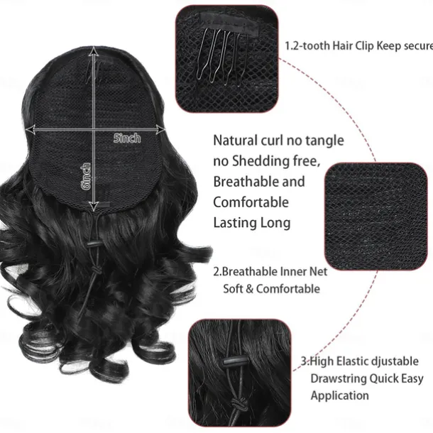 Drawstring Ponytail for Women 10 Inch Wavy Curly Ponytail Extension Natural Looking Synthetic Fake Ponytail Hairpiece Wavy Drawstring Ponytails for Daily Use