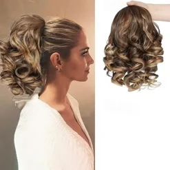 Drawstring Ponytail for Women 10 Inch Wavy Curly Ponytail Extension Natural Looking Synthetic Fake Ponytail Hairpiece Wavy Drawstring Ponytails for Daily Use