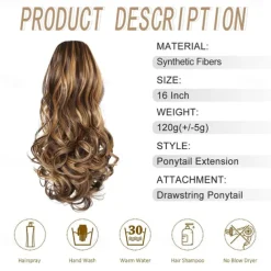 Drawstring Ponytail Hair Extension 16 Inch Synthetic Short Curly Wavy Fake Ponytail Extensions Natural Soft Clip in Ponytail Hairpieces for Women