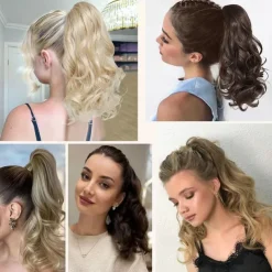 Drawstring Ponytail Hair Extension 16 Inch Synthetic Short Curly Wavy Fake Ponytail Extensions Natural Soft Clip in Ponytail Hairpieces for Women
