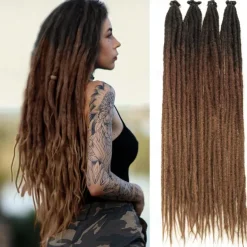 Dreadlock Extensions 24 Inch Synthetic Hippie Single Ended Dreads 15 Strands Ombre Brown 0.6 cm Width Loc Extensions Reggae Style Crochet Hair for Women
