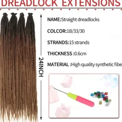 Dreadlock Extensions 24 Inch Synthetic Hippie Single Ended Dreads 15 Strands Ombre Brown 0.6 cm Width Loc Extensions Reggae Style Crochet Hair for Women