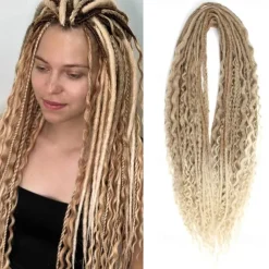Dreadlock Extensions Double Ended 24 Inch 3 In 1 Mixed Light Brown to Blonde Dreads Set Synthetic Curly Ends Hippie Style Boho Wavy Dreads 20 Strands Handmade Dreads