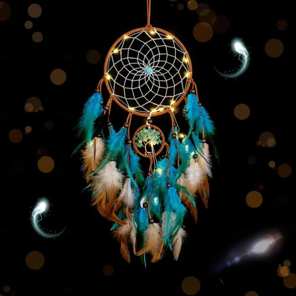 Dream Catcher for Wall Decor Blue Feather with Fairy Light Holiday Bedroom Home Wedding Decoration Birthday Party Blessing Gift