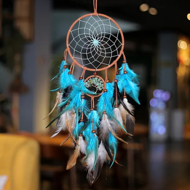 Dream Catcher for Wall Decor Blue Feather with Fairy Light Holiday Bedroom Home Wedding Decoration Birthday Party Blessing Gift