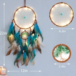 Dream Catcher for Wall Decor Blue Feather with Fairy Light Holiday Bedroom Home Wedding Decoration Birthday Party Blessing Gift