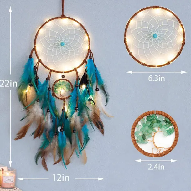 Dream Catcher for Wall Decor Blue Feather with Fairy Light Holiday Bedroom Home Wedding Decoration Birthday Party Blessing Gift