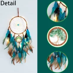 Dream Catcher for Wall Decor Blue Feather with Fairy Light Holiday Bedroom Home Wedding Decoration Birthday Party Blessing Gift