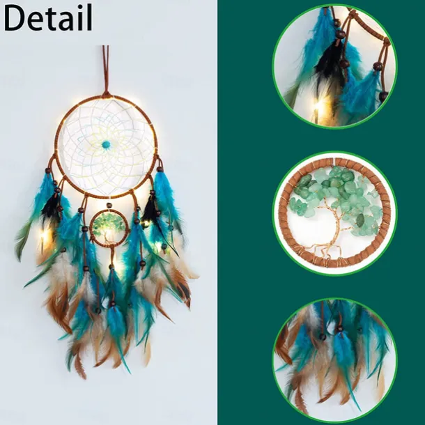 Dream Catcher for Wall Decor Blue Feather with Fairy Light Holiday Bedroom Home Wedding Decoration Birthday Party Blessing Gift