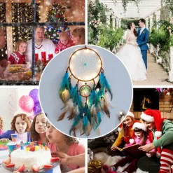 Dream Catcher for Wall Decor Blue Feather with Fairy Light Holiday Bedroom Home Wedding Decoration Birthday Party Blessing Gift