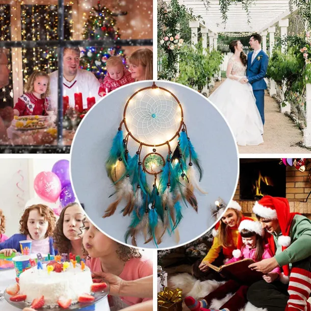 Dream Catcher for Wall Decor Blue Feather with Fairy Light Holiday Bedroom Home Wedding Decoration Birthday Party Blessing Gift