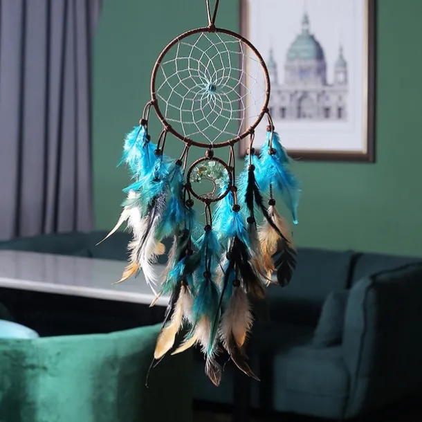 Dream Catcher for Wall Decor Blue Feather with Fairy Light Holiday Bedroom Home Wedding Decoration Birthday Party Blessing Gift