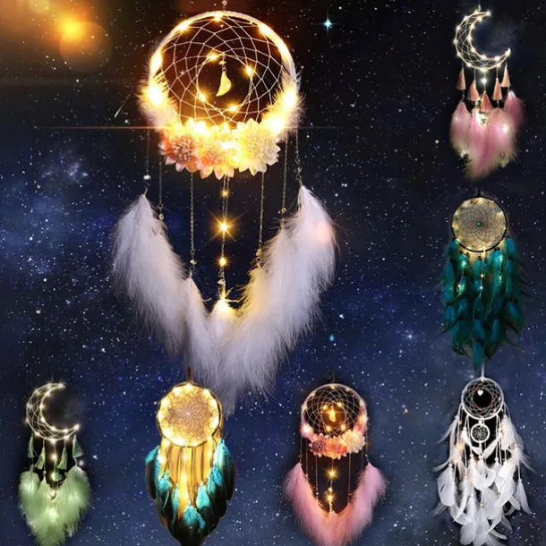 Dream Catcher LED Feather Light Creative Fairy Lamp Wall Hanging Holiday Decorations Bedroom Family Wedding Birthday Party Blessing Gift