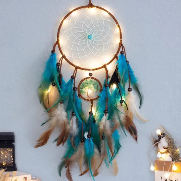 Dream Catcher LED Feather Light Creative Fairy Lamp Wall Hanging Holiday Decorations Bedroom Family Wedding Birthday Party Blessing Gift