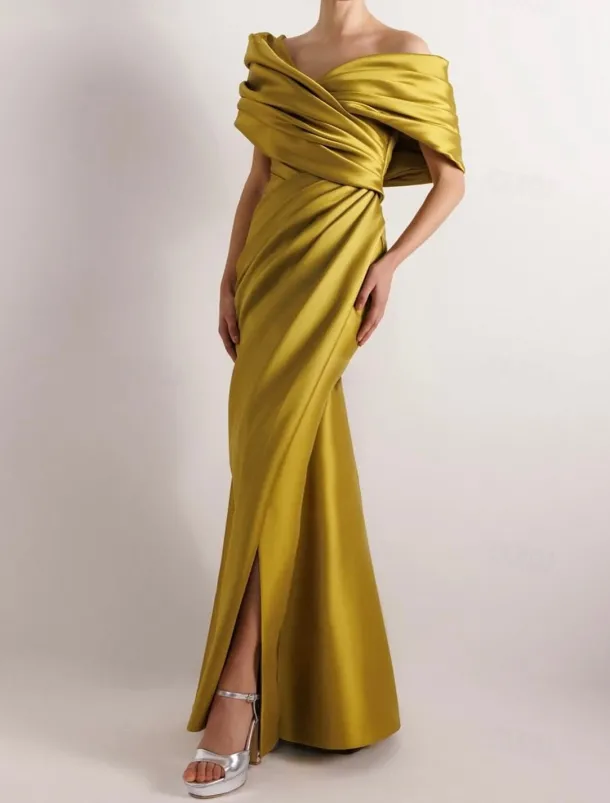 Dress High Fashion Mustard Dress Mermaid / Trumpet Portrait Collar Evening Gown Cocktail Dress Formal Wedding Floor Length Sleeveless Off Shoulder Satin with Ruched Details Slit