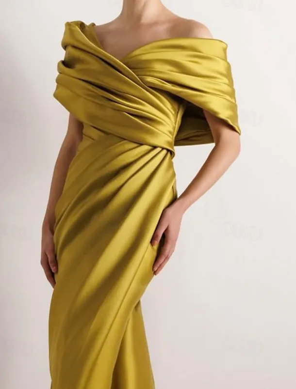 Dress High Fashion Mustard Dress Mermaid / Trumpet Portrait Collar Evening Gown Cocktail Dress Formal Wedding Floor Length Sleeveless Off Shoulder Satin with Ruched Details Slit
