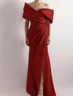 Dress High Fashion Mustard Dress Mermaid / Trumpet Portrait Collar Evening Gown Cocktail Dress Formal Wedding Floor Length Sleeveless Off Shoulder Satin with Ruched Details Slit