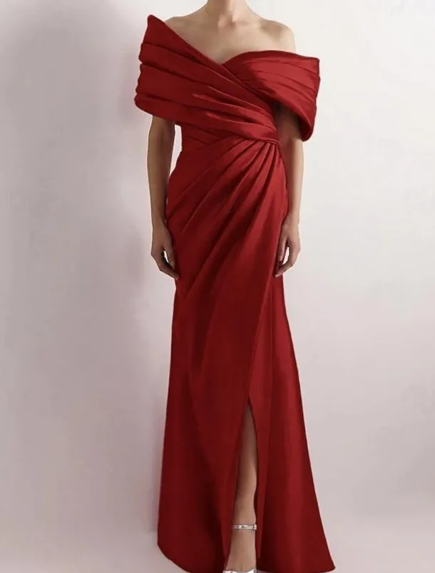 Dress High Fashion Mustard Dress Mermaid / Trumpet Portrait Collar Evening Gown Cocktail Dress Formal Wedding Floor Length Sleeveless Off Shoulder Satin with Ruched Details Slit